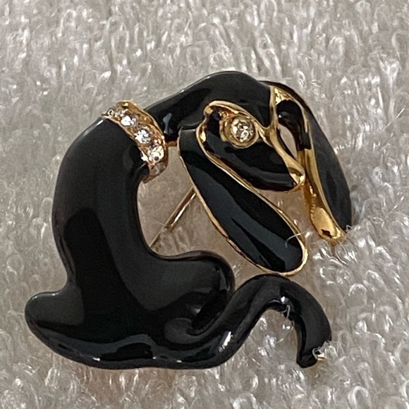 Dachshund Brooch Pin Black Enamel Clear Rhinestones Unisex - Picture 3 of 9